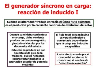 El generador síncrono en carga:
reacción de inducido I
Cuando el alternador trabaja en vacío el único flujo existente
es el producido por la corriente continua de excitación del rotor
El flujo total de la máquina
se verá disminuido o
aumentado dependiendo
que la carga sea inductiva
o capacitiva
Cuando suministra corriente a
una carga, dicha corriente
produce un campo magnético
giratorio al circular por los
devanados del estator.
Este campo produce un par
opuesto al de giro de la
máquina, que es necesario
contrarrestar mediante la
aportación exterior de potencia
mecánica.
A este efecto creado por el
campo del estator se le
conoce con el nombre de
“reacción de inducido”
 