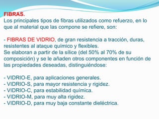 FIBRAS.
Los principales tipos de fibras utilizados como refuerzo, en lo
que al material que las compone se refiere, son:

- FIBRAS DE VIDRIO, de gran resistencia a tracción, duras,
resistentes al ataque químico y flexibles.
Se elaboran a partir de la sílice (del 50% al 70% de su
composición) y se le añaden otros componentes en función de
las propiedades deseadas, distinguiéndose:

- VIDRIO-E, para aplicaciones generales.
- VIDRIO-S, para mayor resistencia y rigidez.
- VIDRIO-C, para estabilidad química.
- VIDRIO-M, para muy alta rigidez.
- VIDRIO-D, para muy baja constante dieléctrica.
 