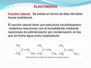 ELASTOMEROS

Caucho natural. Se extrae en forma de látex del árbol
hevea brasiliensis

El caucho natural tiene una estructura cis-poliisopreno
 melamina reaccionan con el formaldehído mediante
reacciones de polimerización por condensación en las
que se forma agua como subproducto.
 