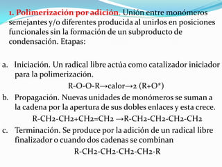 1. Polimerización por adición. Unión entre monómeros
 semejantes y/o diferentes producida al unirlos en posiciones
 funcionales sin la formación de un subproducto de
 condensación. Etapas:

a. Iniciación. Un radical libre actúa como catalizador iniciador
   para la polimerización.
                   R-O-O-R→calor→2 (R+O*)
b. Propagación. Nuevas unidades de monómeros se suman a
   la cadena por la apertura de sus dobles enlaces y esta crece.
         R-CH2-CH2+CH2=CH2 →R-CH2-CH2-CH2-CH2
c. Terminación. Se produce por la adición de un radical libre
   finalizador o cuando dos cadenas se combinan
                     R-CH2-CH2-CH2-CH2-R
 