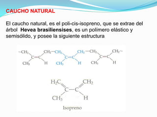 CAUCHO NATURAL

El caucho natural, es el poli-cis-isopreno, que se extrae del
árbol Hevea brasiliensises, es un polímero elástico y
semisólido, y posee la siguiente estructura
 