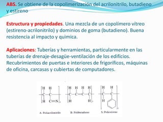 ABS. Se obtiene de la copolimerización del acrilonitrilo, butadieno
y estireno

Estructura y propiedades. Una mezcla de un copolímero vítreo
(estireno-acrilonitrilo) y dominios de goma (butadieno). Buena
resistencia al impacto y quìmica.

Aplicaciones: Tuberías y herramientas, particularmente en las
tuberías de drenaje-desagüe-ventilación de los edificios.
Recubrimientos de puertas e interiores de frigoríficos, máquinas
de oficina, carcasas y cubiertas de computadores.
 