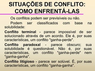 maior habilidade para trabalhar em conjunto no futuroEFEITOS POSITIVOS E NEGATIVOS DOS CONFLITOSTipos básicos de conflito nas organizações:discussão - pode levar a uma melhor solução. Discussões produtivas e construtivas (liderança compartilhada, com confiança e confidência entre os membros do grupo e questões tratadas de forma objetiva)