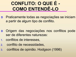 CONFLITO: O QUE É - COMO ENTENDÊ-LO	Hampton (1991):  “conflito é o processo que começa quando uma parte percebe que a outra parte frustrou ou vai frustrar seus interesses”.Não necessariamente acontece entre duas pessoas, podendo existir entre dois grupos, um grupo e uma pessoa, uma organização e um grupo. 