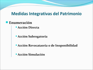 Medidas Integrativas del Patrimonio
Enumeración
Acción Directa
Acción Subrogatoria
Acción Revocataoria o de Inoponibilidad
Acción Simulación
 