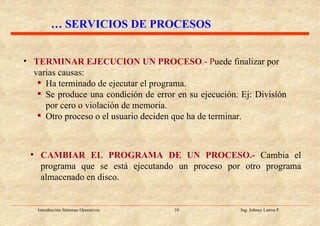 TERMINAR EJECUCION UN PROCESO .- P uede finalizar por varias causas: Ha terminado de ejecutar el programa. Se produce una condición de error en su ejecución. Ej: Divisíón por cero o violación de memoria. Otro proceso o el usuario deciden que ha de terminar. CAMBIAR EL PROGRAMA DE UN PROCESO.-   Cambia el programa que se está ejecutando un proceso por otro programa almacenado en disco. …  SERVICIOS DE PROCESOS 