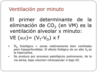 Ventilación por minuto

    El primer determinante de la
    eliminación de CO2 (en VM) es la
    ventilación alveolar x minuto:
    VE (ALV)= (VT-VD) x f
    VD fisiológico = zonas relativamente bien ventiladas
     pero hipoperfundidas. El efecto fiológico de un alto VD es
     la hipercarbia.
    Se produce por procesos patológicos pulmonares, de la
     vía aérea, bajo volumen intravascular o bajo GC
 