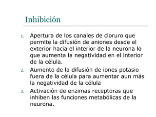 Inhibición  Apertura de los canales de cloruro que permite la difusión de aniones desde el exterior hacia el interior de la neurona lo que aumenta la negatividad en el interior de la célula. Aumento de la difusión de iones potasio fuera de la célula para aumentar aun más la negatividad de la célula Activación de enzimas receptoras que inhiben las funciones metabólicas de la neurona.  