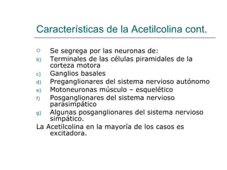 Características de la Acetilcolina cont. Se segrega por las neuronas de: Terminales de las células piramidales de la corteza motora Ganglios basales Preganglionares del sistema nervioso autónomo Motoneuronas músculo – esquelético Posganglionares del sistema nervioso parasimpático Algunas posganglionares del sistema nervioso simpático. La Acetilcolina en la mayoría de los casos es excitadora. 