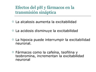 Efectos del pH y fármacos en la transmisión sináptica La alcalosis aumenta la excitabilidad La acidosis disminuye la excitabilidad La hipoxia puede interrumpir la excitabilidad neuronal. Fármacos como la cafeína, teofilina y teobromina, incrementan la excitabilidad neuronal  