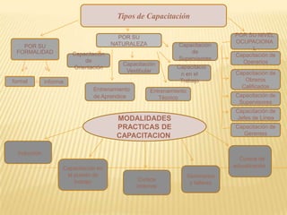 Tipos de CapacitaciónPOR SU NATURALEZAPOR SU NIVEL OCUPACIONALCapacitación de SupervisoresCapacitación de OperariosCapacitación de OrientaciónCapacitación Vestibular Capacitación en el TrabajoCapacitación de Obreros Calificados Entrenamiento de AprendiceEntrenamiento TécnicoCapacitación de SupervisoresCapacitación de Jefes de LíneaMODALIDADES PRACTICAS DE CAPACITACION Capacitación de Gerentes Inducción Cursos de actualización Capacitación en el puesto de trabajoSeminarios y talleresCursos internos