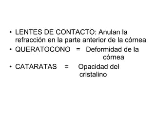 LENTES DE CONTACTO: Anulan la refracción en la parte anterior de la córnea QUERATOCONO  =  Deformidad de la  córnea CATARATAS  =  Opacidad del    cristalino 