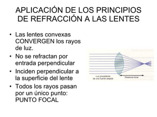 APLICACIÓN DE LOS PRINCIPIOS DE REFRACCIÓN A LAS LENTES Las lentes convexas CONVERGEN los rayos de luz. No se refractan por entrada perpendicular Inciden perpendicular a la superficie del lente Todos los rayos pasan por un único punto: PUNTO FOCAL 