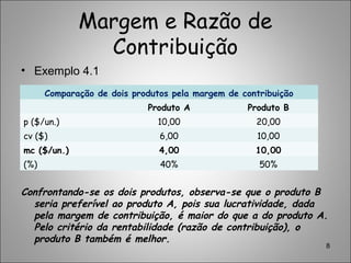 Margem e Razão de
Contribuição
• Exemplo 4.1
Confrontando-se os dois produtos, observa-se que o produto B
seria preferível ao produto A, pois sua lucratividade, dada
pela margem de contribuição, é maior do que a do produto A.
Pelo critério da rentabilidade (razão de contribuição), o
produto B também é melhor.
8
Comparação de dois produtos pela margem de contribuição
Produto A Produto B
p ($/un.) 10,00 20,00
cv ($) 6,00 10,00
mc ($/un.) 4,00 10,00
(%) 40% 50%
 