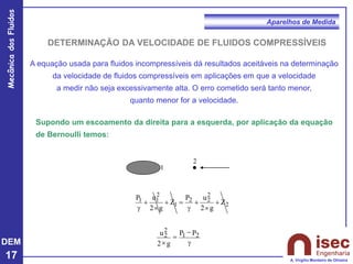 DEM
17
Mecânica
dos
Fluidos
A. Virgílio Monteiro de Oliveira
Aparelhos de Medida
DETERMINAÇÃO DA VELOCIDADE DE FLUIDOS COMPRESSÍVEIS
A equação usada para fluidos incompressíveis dá resultados aceitáveis na determinação
da velocidade de fluidos compressíveis em aplicações em que a velocidade
a medir não seja excessivamente alta. O erro cometido será tanto menor,
quanto menor for a velocidade.
Supondo um escoamento da direita para a esquerda, por aplicação da equação
de Bernoulli temos:
1
2
2
2
2
2
1
2
1
1 Z
g
2
u
P
Z
g
2
u
P
+

+
g
=
+

+
g
g
−
=

2
1
2
2 P
P
g
2
u
 