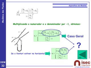 DEM
32
Mecânica
dos
Fluidos
A. Virgílio Monteiro de Oliveira
Aparelhos de Medida
Multiplicando o numerador e o denominador por -1, obtemos:
1
A
A
Z
P
Z
P
g
2
u
2
2
1
2
2
1
1
1
−






















+
g
−








+
g


=
Caso Geral
Se o Venturi estiver na horizontal
1
A
A
P
P
g
2
u
2
2
1
2
1
1
−
















g
−


=
2
2
1
1
1
2
2
2
1
A
A
1
Z
P
Z
P
g
2
u








−








+
g
−








+
g
=

?
(35)
 