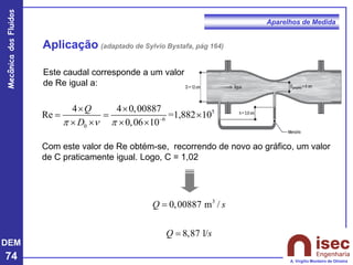 DEM
74
Mecânica
dos
Fluidos
A. Virgílio Monteiro de Oliveira
Aparelhos de Medida
Aplicação (adaptado de Sylvio Bystafa, pág 164)
Com este valor de Re obtém-se, recorrendo de novo ao gráfico, um valor
de C praticamente igual. Logo, C = 1,02
Este caudal corresponde a um valor
de Re igual a:
5
6
0
4 4 0,00887
Re =1,882 10
0,06 10
Q
D
   −
 
= = 
   
3
0,00887 m /
8,87 l/
Q s
Q s
=
=
 