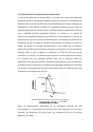 4.5.4 Determinación de la temperatura de transición vítrea
La calorimetría diferencial de barrido (DSC) es la técnica más común para determinar
transiciones de fase en compuestos inorgánicos, polímeros y alimentos. La temperatura de
transición vítrea no es fácil de determinar ya que los alimentos son sistemas complejos y/o
heterogéneos. El DSC detecta el cambio en la capacidad calorífica que ocurre sobre un
rango de temperaturas de transición vítrea. El método consiste en proporcionar un flujo de
calor, a velocidad constante (usualmente 5°C/min), a la muestra y a un material de
referencia de composición conocida que se sabe que no sufre cambios en el intervalo de
temperaturas en que van a hacerse las determinaciones. La transmisión de calor ha de ser
instantánea, por eso se trabaja con muestras muy pequeñas. Las muestras se colocan en
crisoles que pueden ser cerrados herméticamente, lo que impide que se produzcan
cambios de humedad, que de otra manera afectarían la temperatura a la cual se produce la
transición vítrea. Lo que se registra es la diferencia en el flujo de calor que hay que
suministrar a la muestra y a la referencia para mantener la misma temperatura en ambas.
Si la muestra tiene una capacidad calorífica mayor que la referencia, habrá que
suministrarle más calor para mantener constantes las temperaturas, ya que una diferencia
en el flujo de calor es proporcional a la diferencia de capacidades caloríficas en la referencia
y la muestra. La temperatura de transición vítrea produce saltos en el flujo de calor, como
se observa en el termograma de la Fig. 4.9.

Figura 4.9 Representación esquemática de un termograma obtenido por DSC
correspondiente a la temperatura de transición vítrea (Tg 0=temperatura de inicio de la
transición; Tg= temperatura del punto medio; Tge= temperatura final de la transición)
(Martínez et al., 2000)

 