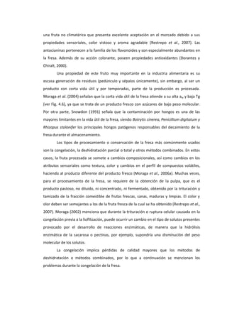 una fruta no climatérica que presenta excelente aceptación en el mercado debido a sus
propiedades sensoriales, color vistoso y aroma agradable (Restrepo et al., 2007). Las
antocianinas pertenecen a la familia de los flavonoides y son especialmente abundantes en
la fresa. Además de su acción colorante, poseen propiedades antioxidantes (Dorantes y
Chiralt, 2000).
Una propiedad de este fruto muy importante en la industria alimentaria es su
escasa generación de residuos (pedúnculo y sépalos únicamente), sin embargo, al ser un
producto con corta vida útil y por temporadas, parte de la producción es procesada.
Moraga et al. (2004) señalan que la corta vida útil de la fresa atiende a su alta aw y baja Tg
(ver Fig. 4.6), ya que se trata de un producto fresco con azúcares de bajo peso molecular.
Por otra parte, Snowdon (1991) señala que la contaminación por hongos es una de las
mayores limitantes en la vida útil de la fresa, siendo Botrytis cinerea, Penicillium digitatum y
Rhizopus stolonifer los principales hongos patógenos responsables del decaimiento de la
fresa durante el almacenamiento.
Los tipos de procesamiento o conservación de la fresa más comúnmente usados
son la congelación, la deshidratación parcial o total y otros métodos combinados. En estos
casos, la fruta procesada se somete a cambios composicionales, así como cambios en los
atributos sensoriales como textura, color y cambios en el perfil de compuestos volátiles,
haciendo al producto diferente del producto fresco (Moraga et al., 2006a). Muchas veces,
para el procesamiento de la fresa, se requiere de la obtención de la pulpa, que es el
producto pastoso, no diluido, ni concentrado, ni fermentado, obtenido por la trituración y
tamizado de la fracción comestible de frutas frescas, sanas, maduras y limpias. El color y
olor deben ser semejantes a los de la fruta fresca de la cual se ha obtenido (Restrepo et al.,
2007). Moraga (2002) menciona que durante la trituración o ruptura celular causada en la
congelación previa a la liofilización, puede ocurrir un cambio en el tipo de solutos presentes
provocado por el desarrollo de reacciones enzimáticas, de manera que la hidrólisis
enzimática de la sacarosa o pectinas, por ejemplo, supondría una disminución del peso
molecular de los solutos.
La congelación implica pérdidas de calidad mayores que los métodos de
deshidratación o métodos combinados, por lo que a continuación se mencionan los
problemas durante la congelación de la fresa.

 
