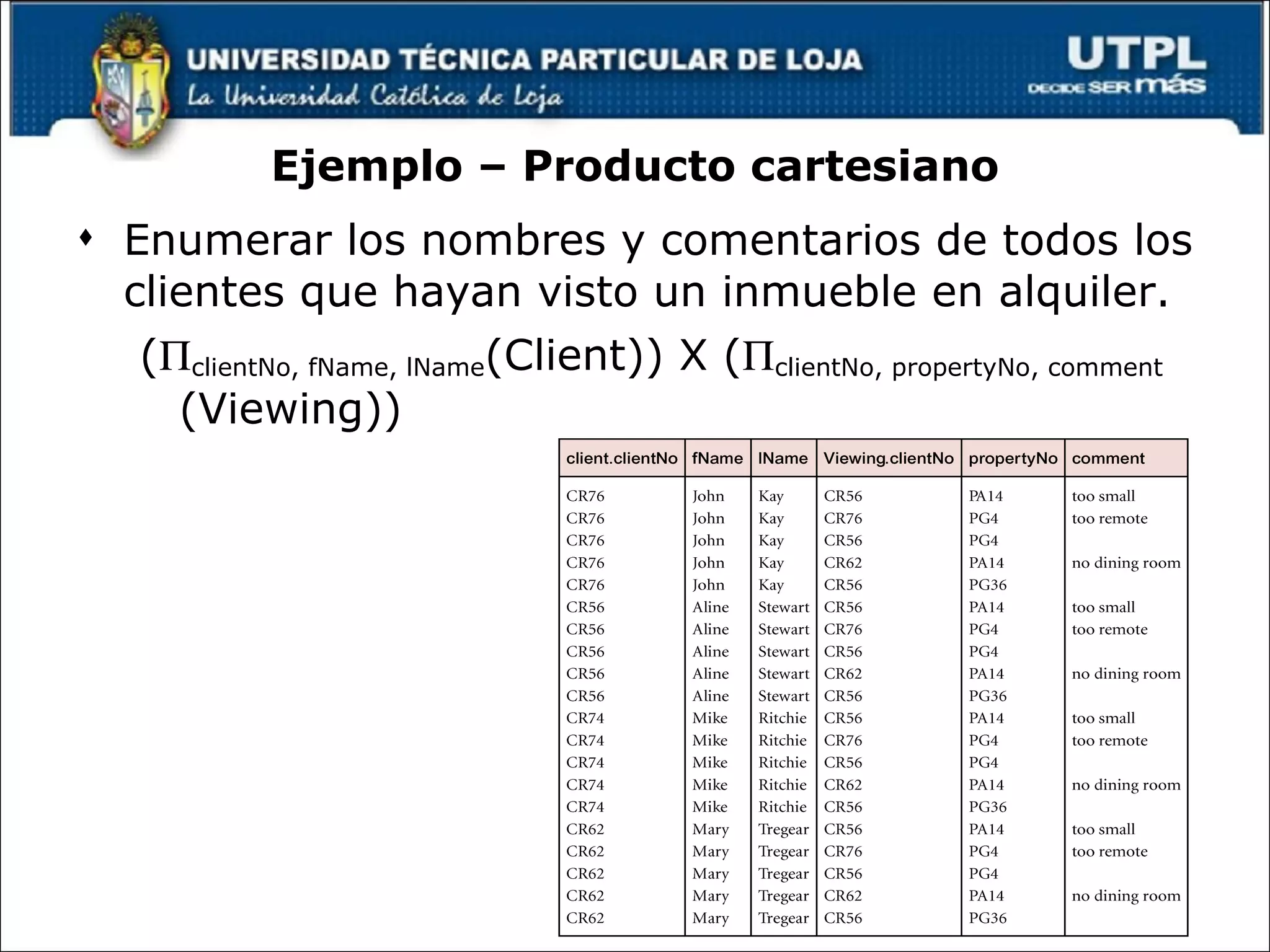 Ejemplo – Producto cartesiano Enumerar los nombres y comentarios de todos los clientes que hayan visto un inmueble en alquiler. (  clientNo, fName, lName (Client)) X (  clientNo, propertyNo, comment  (Viewing)) 