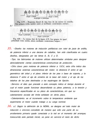 b) 
35. -Diseño: los motores de inducción polifásicos con rotor de jaula de ardilla, 
de potencia inferior a una decena de caballos, han sido clasificados en cuatro 
diseños, designados por las letras A, B, C y D. 
-Tipo: los fabricantes de motores utilizan determinados símbolos para designar 
abreviadamente ciertas características constructivas de protección. 
-Cifra clave: para motores de potencia inferior a 10CV, esta cifra indica dos 
dimensiones externas características del motor: la distancia D entre el eje 
geométrico del árbol y el plano inferior de los pies o base de soporte, y la 
distancia F entre el eje de simetría de la base del motor y el eje de los 
taladros de los pies destinados a los espárragos de fijación. 
-Servicio: el dato que precede a este concepto indica el tiempo durante el 
cual el motor puede funcionar desarrollando su plena potencia, a la tensión y 
frecuencia especificadas en su placa de características, sin que su 
calentamiento exceda del límite señalado en dicha placa. 
-Calentamiento: es el incremento sobre la temperatura ambiente que 
experimenta el motor cuando trabaja a su carga nominal. 
36. a) Según la definición de la NEMA, se designa así todo motor de 
inducción o síncrono concebido de manera que sólo una parte de su 
arrollamiento primario quede conectada a la red en el momento del arranque; 
transcurrido este período inicial, se pone en servicio el resto de dicho 
 