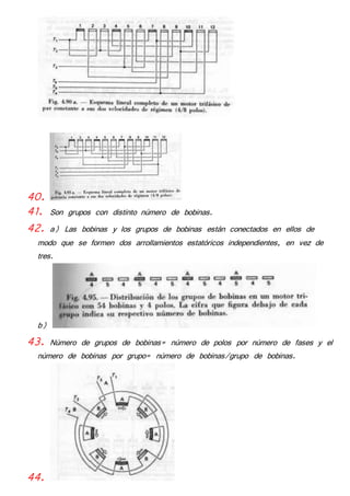 40. 
41. Son grupos con distinto número de bobinas. 
42. a) Las bobinas y los grupos de bobinas están conectados en ellos de 
modo que se formen dos arrollamientos estatóricos independientes, en vez de 
tres. 
b) 
43. Número de grupos de bobinas= número de polos por número de fases y el 
número de bobinas por grupo= número de bobinas/grupo de bobinas. 
44. 
 