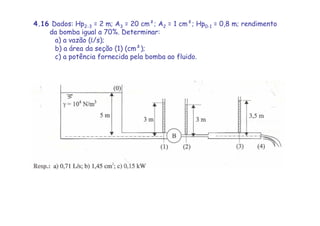 4.16 Dados: Hp2-3 = 2 m; A3 = 20 cm²; A2 = 1 cm²; Hp0-1 = 0,8 m; rendimento
da bomba igual a 70%. Determinar:
a) a vazão (L/s);
b) a área da seção (1) (cm²);
c) a potência fornecida pela bomba ao fluido.
 