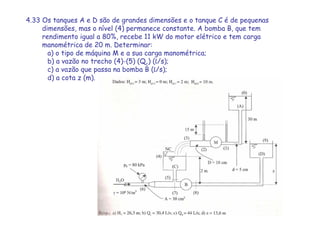 4.33 Os tanques A e D são de grandes dimensões e o tanque C é de pequenas
dimensões, mas o nível (4) permanece constante. A bomba B, que tem
rendimento igual a 80%, recebe 11 kW do motor elétrico e tem carga
manométrica de 20 m. Determinar:
a) o tipo de máquina M e a sua carga manométrica;
b) a vazão no trecho (4)-(5) (Qc) (L/s);
c) a vazão que passa na bomba B (L/s);
d) a cota z (m).
 