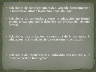 Relaciones de complementariedad: atiende directamente a lo intelectual, otras a lo afectivo o sociabilidad.Relaciones de suplencia: a veces la educación no formal asume tareas que son o deberían ser propias del sistema formal.Relaciones de sustitución: va mas allá de la suplencia, la educación no formal, en ciertas ocasiones y contextos.Relaciones de interferencia: el individuo esta inmerso a un medio educativo homogéneo.