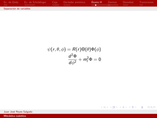 Ec. de Onda      Ec. de Schr¨dinger
                            o           Caja   Oscilador arm´nico
                                                            o       ´
                                                                    Atomo H   Zeeman   Densidad   Transiciones

Separaci´n de variables
        o




                                      ψ(r , θ, φ) = R(r )Θ(θ)Φ(φ)
                                                  d 2Φ
                                                       + ml2 Φ = 0
                                                  dφ2




Juan Jos´ Reyes Salgado
        e
Mec´nica cu´ntica.
   a       a
 