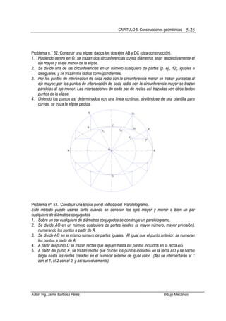 CAPÌTULO 5. Construcciones geométricas    5-25



Problema n.° 52. Construir una elipse, dados los dos ejes AB y DC (otra construcción).
1. Haciendo centro en O, se trazan dos circunferencias cuyos diámetros sean respectivamente el
   eje mayor y el eje menor de la elipse.
2. Se divide una de las circunferencias en un número cualquiera de partes (p. ej., 12), iguales o
   desiguales, y se trazan los radios correspondientes.
3. Por los puntos de intersección de cada radio con la circunferencia menor se trazan paralelas al
   eje mayor; por los puntos de intersección de cada radio con la circunferencia mayor se trazan
   paralelas al eje menor. Las intersecciones de cada par de rectas así trazadas son otros tantos
   puntos de la elipse.
4. Uniendo los puntos así determinados con una línea continua, sirviéndose de una plantilla para
   curvas, se traza la elipse pedida.
                                   R1                              Q1



                                                    C
                                  R                                 Q
                                                        Q2                  P1
                                           R2

                                                              P2
                                                                        P


                       B                        O                                A




                                                    D




Problema nº. 53. Construir una Elipse por el Método del Paralelogramo.
Este método puede usarse tanto cuando se conocen los ejes mayor y menor o bien un par
cualquiera de diámetros conjugados.
1. Sobre un par cualquiera de diámetros conjugados se construye un paralelogramo.
2. Se divide AO en un número cualquiera de partes iguales (a mayor número, mayor precisión),
    numerando los puntos a partir de A.
3. Se divide AG en el mismo número de partes iguales. Al igual que el punto anterior, se numeran
    los puntos a partir de A.
4. A partir del punto D se trazan rectas que lleguen hasta los puntos incluidos en la recta AG.
5. A partir del punto E, se trazan rectas que crucen los puntos incluidos en la recta AO y se hacen
    llegar hasta las rectas creadas en el numeral anterior de igual valor. (Así se intersectarán el 1
    con el 1, el 2 con el 2, y así sucesivamente).




Autor: Ing. Jaime Barbosa Pérez                                                      Dibujo Mecánico
 