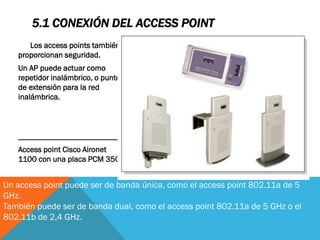 5.1 CONEXIÓN DEL ACCESS POINT
      Los access points también
   proporcionan seguridad.
   Un AP puede actuar como
   repetidor inalámbrico, o punto
   de extensión para la red
   inalámbrica.



   _________________________
   Access point Cisco Aironet
   1100 con una placa PCM 350


Un access point puede ser de banda única, como el access point 802.11a de 5
GHz.
También puede ser de banda dual, como el access point 802.11a de 5 GHz o el
802.11b de 2,4 GHz.
 