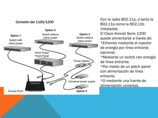 Con la radio 802.11a, o tanto la
Conexión del 1100/1200
                         802.11a como la 802.11b
                         instaladas.
                         El Cisco Aironet Serie 1200
                         puede alimentarse a través de:
                         *Ethernet mediante el inyector
                         de energía por línea entrante
                         opcional.
                         *Mediante un switch con energía
                         de línea entrante.
                         *Por medio de un patch panel
                         con alimentación de línea
                         entrante.
                         *O mediante una fuente de
                         alimentación universal.
 