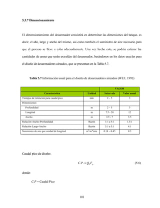 101
5.3.7 Dimensionamiento
El dimensionamiento del desarenador consistirá en determinar las dimensiones del tanque, es
decir, el alto, largo y ancho del mismo, así como también el suministro de aire necesario para
que el proceso se lleve a cabo adecuadamente. Una vez hecho esto, se podrán estimar las
cantidades de arena que serán extraídas del desarenador, basándonos en los datos usuales para
el diseño de desarenadores aireados, que se presentan en la Tabla 5.7.
Tabla 5.7 Información usual para el diseño de desarenadores aireados (WEF, 1992)
VALOR
Característica Unidad Intervalo Valor usual
Tiempos de retención para caudal pico min 2 – 5 3
Dimensiones:
Profundidad m 2 – 5 3
Longitud m 7.5 - 20 12
Ancho m 2.5 - 7 3.5
Relación Ancho-Profundidad Razón 1:1 a 5:1 1.5:1
Relación Largo-Ancho Razón 3:1 a 5:1 4:1
Suministro de aire por unidad de longitud m3
/m*min 0.18 – 0.45 0.3
Caudal pico de diseño:
pFQPC 0.. = (5.8)
donde:
C.P = Caudal Pico
 