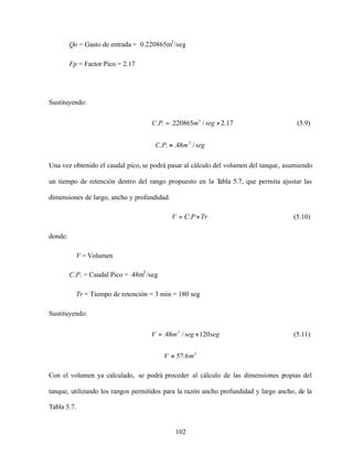 102
Qo = Gasto de entrada = 0.220865m3
/seg
Fp = Factor Pico = 2.17
Sustituyendo:
17.2/220865... 3
×= segmPC (5.9)
segmPC /48... 3
=
Una vez obtenido el caudal pico, se podrá pasar al cálculo del volumen del tanque, asumiendo
un tiempo de retención dentro del rango propuesto en la Tabla 5.7, que permita ajustar las
dimensiones de largo, ancho y profundidad.
TrPCV ×= . (5.10)
donde:
V = Volumen
C.P. = Caudal Pico = .48m3
/seg
Tr = Tiempo de retención = 3 min = 180 seg
Sustituyendo:
segsegmV 120/48. 3
×= (5.11)
3
6.57 mV =
Con el volumen ya calculado, se podrá proceder al cálculo de las dimensiones propias del
tanque, utilizando los rangos permitidos para la razón ancho profundidad y largo ancho, de la
Tabla 5.7.
 