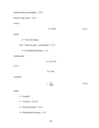 103
Relación ancho-profundidad = 1.25:1
Relación largo-ancho = 4.6:1
Ancho:
RAPhb = (5.12)
donde:
b = Ancho del tanque.
RAP = Relación ancho – profundidad = 1.25:1
h = Profundidad del tanque = 2 m
Sustituyendo:
mb 225.1 ×=
(5.13)
mb 5.2=
Longitud:
( )bh
V
L = (5.14)
donde:
L = Longitud.
V = Volumen= 57.6 m3
b = Ancho del tanque = 2.5 m
h = Profundidad del tanque = 2 m
 