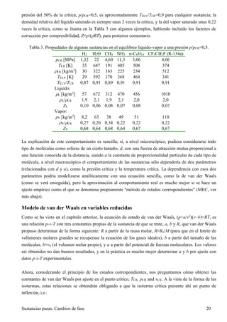 Sustancias puras. Cambios de fase 20
presión del 50% de la crítica, p/pCR=0,5, es aproximadamente TELV/TCR=0,9 para cualquier sustancia; la
densidad relativa del líquido saturado es siempre unas 2 veces la crítica, y la del vapor saturado unas 0,22
veces la crítica, como se ilustra en la Tabla 3 con algunos ejemplos, habiendo incluido los factores de
corrección por compresibilidad, Z≡p/(RT), para posterior comentario.
Tabla 3. Propiedades de algunas sustancias en el equilibrio líquido-vapor a una presión p/pCR=0,5.
H2 H2O CH4 NH3 n-C6H14 CF3CH2F (R-134a)
pCR [MPa] 1,32 22 4,60 11,3 3,06 4,06
TCR [K] 33 647 191 405 508 374
CR [kg/m3
] 30 322 163 225 234 512
TELV [K] 29 592 170 368 464 341
TELV/TCR 0,87 0,91 0,89 0,91 0,91 0,91
Líquido:
L [kg/m3
] 57 672 312 470 456 1010
L/CR 1,9 2,1 1,9 2,1 2,0 2,0
ZL 0,10 0,06 0,08 0,07 0,08 0,07
Vapor:
V [kg/m3
] 8,2 63 38 49 51 110
V/CR 0,27 0,20 0,34 0,22 0,22 0,22
ZV 0,68 0,64 0,68 0,64 0,67 0,67
La explicación de este comportamiento es sencilla; si, a nivel microscópico, pudiera considerarse todo
tipo de moléculas como esferas de un cierto tamaño, d, con una fuerza de atracción mutua proporcional a
una función conocida de la distancia, siendo a la constante de proporcionalidad particular de cada tipo de
molécula, a nivel macroscópico el comportamiento de las sustancias sólo dependería de dos parámetros
(relacionados con d y a), como la presión crítica y la temperatura crítica. La dependencia con esos dos
parámetros podría modelizarse analíticamente con una ecuación sencilla, como la de van der Waals
(como se verá enseguida), pero la aproximación al comportamiento real es mucho mejor si se hace un
ajuste empírico como el que se denomina propiamente "método de estados correspondientes" (MEC, ver
más abajo).
Modelo de van der Waals en variables reducidas
Como se ha visto en el capítulo anterior, la ecuación de estado de van der Waals, (p+a/v2
)(vb)=RT, es
una relación p-v-T con tres constantes propias de la sustancia de que se trate, a, b y R, que van der Waals
propuso determinar de la forma siguiente: R a partir de la masa molar, R≡Ru/M (para que en el límite de
volúmenes molares grandes se recuperase la ecuación de los gases ideales), b a partir del tamaño de las
moléculas, b≡vu (el volumen molar propio), y a a partir del potencial de fuerzas moleculares. Los valores
así obtenidos no dan buenos resultados, y en la práctica es mucho mejor determinar a y b por ajuste con
datos p-v-T experimentales.
Ahora, considerando el principio de los estados correspondientes, nos preguntamos cómo obtener las
constantes de van der Waals por ajuste en el punto crítico, TCR, pCR and vCR. A la vista de la forma de las
isotermas, estas relaciones se obtendrán obligando a que la isoterma crítica presente ahí un punto de
inflexión, i.e.:
 