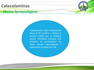 Catecolaminas
Efectos farmacológicos
Isoproterenol; dosis terapéuticas
eleva la PA sistólica y reduce la
presión media por la enérgica
acción inotrópica cardíaca que
produce, se incrementan las
dosis: acción vasorelajante y
sobreviene la caída de la PA
 