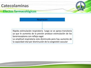 Catecolaminas
Efectos farmacológicos
Respiración
Rápida estimulación respiratoria luego se ve apnea transitoria
ya que le aumento de la presión produce estimulación de los
barorreceptores con reflejo vagal.
La amplitud respiratoria esta disminuida pero hay aumento de
la capacidad vital por disminución de la congestión vascular
 