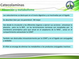 Catecolaminas
Absorción y metabolismo
Las catecolaminas se destruyen en el tracto digestivo y so inactivadas por el hígado
Se absorben bien por vía parenteral : IM mejor
Van desde la circulación a los diferentes órganos a ejercer sus acciones ; atraviesan la
placenta , pero no la BHE , en las terminaciones nerviosas son receptadas por la
membrana presináptica para que actué en el axoplasma de la MAO , actúa en el
compartimiento extracelular la COMT
También son destruidas intracelularmente por la COMT y en el hígado son conjugadas
y oxidadas
El riñón se encarga de eliminar los metabolitos o los productos conjugados inactivos
 