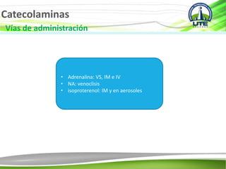 Catecolaminas
Vías de administración
• Adrenalina: VS, IM e IV
• NA: venoclisis
• isoproterenol: IM y en aerosoles
 