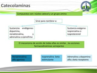 Catecolaminas
Compuestos con: núcleo catecol y un grupo amino
Sirve para nombrar a:
Sustancias endógenas:
dopamina,
noradrenalina, y
adrenalina o epinefrina
Sustancia exógena:
isoprenalina o
isoproterenol
El mecanismo de acción de todas ellas es similar , las acciones
farmacodinámicas semejantes
Noradrenalina:
alfa agonista
Isoprenalina: beta
estimulante
Adrenalina y dopamina:
alfa y beta receptores
 