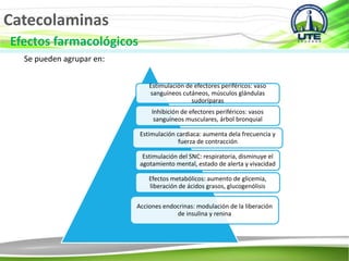 Catecolaminas
Efectos farmacológicos
Se pueden agrupar en:
Estimulación de efectores periféricos: vaso
sanguíneos cutáneos, músculos glándulas
sudoríparas
Inhibición de efectores periféricos: vasos
sanguíneos musculares, árbol bronquial
Estimulación cardiaca: aumenta dela frecuencia y
fuerza de contracción
Estimulación del SNC: respiratoria, disminuye el
agotamiento mental, estado de alerta y vivacidad
Efectos metabólicos: aumento de glicemia,
liberación de ácidos grasos, glucogenólisis
Acciones endocrinas: modulación de la liberación
de insulina y renina
 