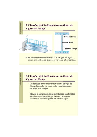 Prof. Romel Dias Vanderlei

5.3 Tensões de Cisalhamento em Almas de
Vigas com Flange
Mesa ou Flange

Alma
Mesa ou Flange

Prof. Romel Dias Vanderlei

As tensões de cisalhamento nos flanges da viga
atuam em ambas as direções, verticais e horizontais.

5.3 Tensões de Cisalhamento em Almas de
Vigas com Flange
As tensões de cisalhamento na alma de viga de
flange largo são verticais e são maiores que as
tensões nos flanges.
Devido a complexidade da distribuição das tensões
de cisalhamento no flange, iremos considerar
apenas as tensões agindo na alma da viga.

 