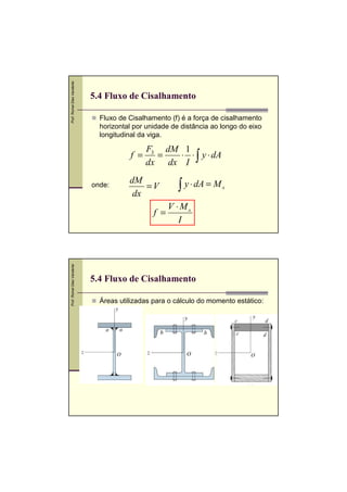 Prof. Romel Dias Vanderlei

5.4 Fluxo de Cisalhamento
Fluxo de Cisalhamento (f) é a força de cisalhamento
horizontal por unidade de distância ao longo do eixo
longitudinal da viga.

f =
onde:

F3 dM 1
=
⋅ ⋅ y ⋅ dA
dx dx I ∫

dM
=V
dx

Prof. Romel Dias Vanderlei

f =

∫ y ⋅ dA = M

s

V ⋅Ms
I

5.4 Fluxo de Cisalhamento
Áreas utilizadas para o cálculo do momento estático:

 
