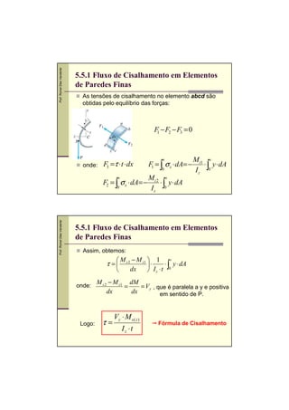 Prof. Romel Dias Vanderlei

5.5.1 Fluxo de Cisalhamento em Elementos
de Paredes Finas
As tensões de cisalhamento no elemento abcd são
obtidas pelo equilíbrio das forças:

F − F2 − F3 = 0
1

onde:

F3 =τ ⋅ t ⋅ dx
s

F2 = ∫ σ x ⋅ dA= −

Prof. Romel Dias Vanderlei

0

s

F = ∫ σ x ⋅ dA= −
1
0

Mz1 s
⋅ y ⋅ dA
I z ∫0

Mz 2 s
⋅ y ⋅ dA
I z ∫0

5.5.1 Fluxo de Cisalhamento em Elementos
de Paredes Finas
Assim, obtemos:
s
 M z 2 − M z1  1
⋅ ∫ y ⋅ dA
⋅
dx

 Iz ⋅t 0

τ =
onde:

Logo:

M z 2 − M z1 dM
=
= Vy , que é paralela a y e positiva
dx
dx
em sentido de P.

τ=

Vy ⋅ M s ( z )
Iz ⋅t

Fórmula de Cisalhamento

 