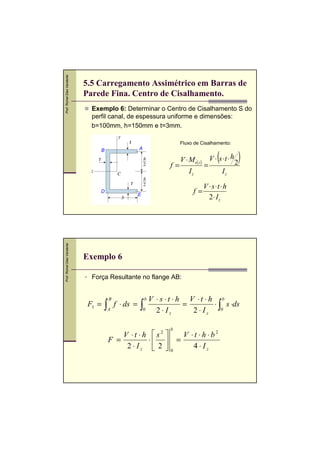 Prof. Romel Dias Vanderlei

5.5 Carregamento Assimétrico em Barras de
Parede Fina. Centro de Cisalhamento.
Exemplo 6: Determinar o Centro de Cisalhamento S do
perfil canal, de espessura uniforme e dimensões:
b=100mm, h=150mm e t=3mm.
,

t

Fluxo de Cisalhamento:
A

B
t

f=

V ⋅ Ms ( z )
Iz

t

Prof. Romel Dias Vanderlei

D

f=

E

=

(

V ⋅ s⋅t ⋅ h

)

2

Iz

V ⋅ s ⋅t ⋅ h
2⋅ I z

Exemplo 6
Força Resultante no flange AB:

F1 =

∫

B

A

f ⋅ ds =

∫

b

0

V ⋅t ⋅h
F =
2⋅ Iz

V ⋅ s ⋅t ⋅h V ⋅t ⋅h b
=
⋅ s ⋅ds
2⋅ Iz
2 ⋅ I z ∫0
,

b

 s2 
V ⋅t ⋅ h ⋅b2
⋅  =
4⋅ Iz
 2 0

 