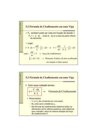 Prof. Romel Dias Vanderlei

5.2 Fórmula de Cisalhamento em uma Viga
F3 também pode ser vista em função da tensão τ:
F3 = τ . b . dx , onde (b . dx) é a área da parte inferior
do elemento.

Logo:

τ ⋅ b ⋅ dx =
onde :

1
dM
dM
⋅ ∫ y ⋅ dA ⇒ τ =
⋅
⋅ y ⋅ dA
Iz
dx b ⋅ I z ∫

dM
= V → força de cisalhamen to
dx

∫ y ⋅ dA = M

s

→ Momento Estático da área sombreada

Prof. Romel Dias Vanderlei

em relação a linha neutra.

5.2 Fórmula de Cisalhamento em uma Viga
Com essa notação temos:

τ=

V ⋅Ms
b⋅ Iz

→

Fórmula de Cisalhamento

Observações:
V, b e Iz são constantes em uma seção.

Ms varia com a distância y1.
Na fórmula de cisalhamento tratamos todos os
elementos como valores positivos, pois sabemos
que a tensão τ atua na mesma direção da força
de cisalhamento V.

 