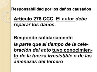Responsabilidad por los daños causados
Artículo 278 CCC El autor debe
reparar los daños.
Responde solidariamente
la parte que al tiempo de la cele-
bración del acto tuvo conocimien-
to de la fuerza irresistible o de las
amenazas del tercero
 