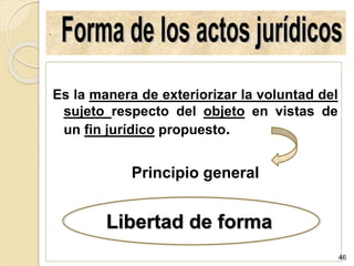.
Es la manera de exteriorizar la voluntad del
sujeto respecto del objeto en vistas de
un fin jurídico propuesto.
Principio general
46
Libertad de forma
 